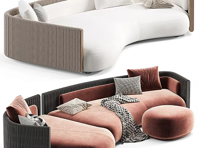 Stylish Curved Two Seater Sofa With White Pink Brown Upholstery And Decorative Pillows 3d model