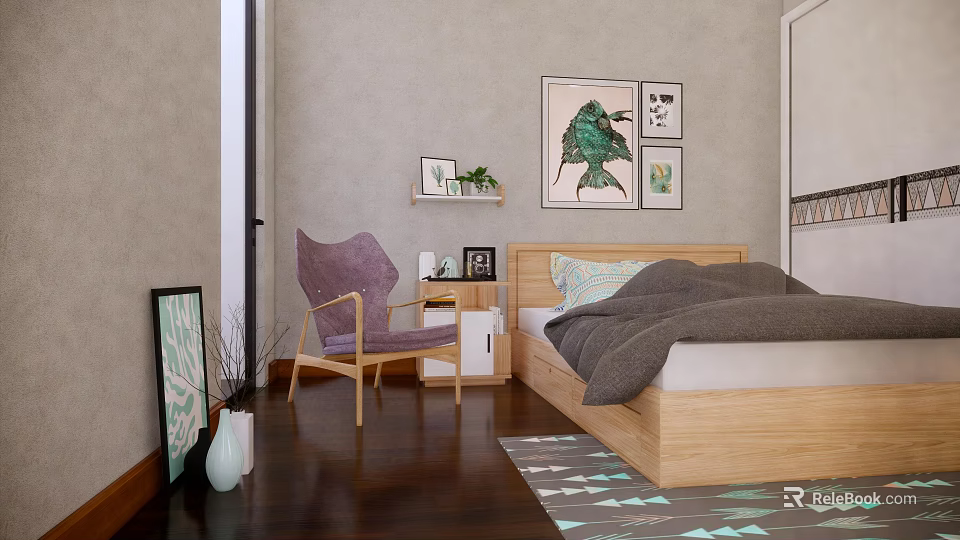 Double Bed with Wooden Frame Gray Bedding Nightstand Purple Chair Decorative Paintings and Geometric Rug 3d model 