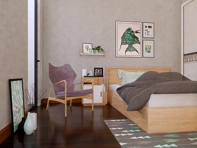 Double Bed with Wooden Frame Gray Bedding Nightstand Purple Chair Decorative Paintings and Geometric Rug 3d model