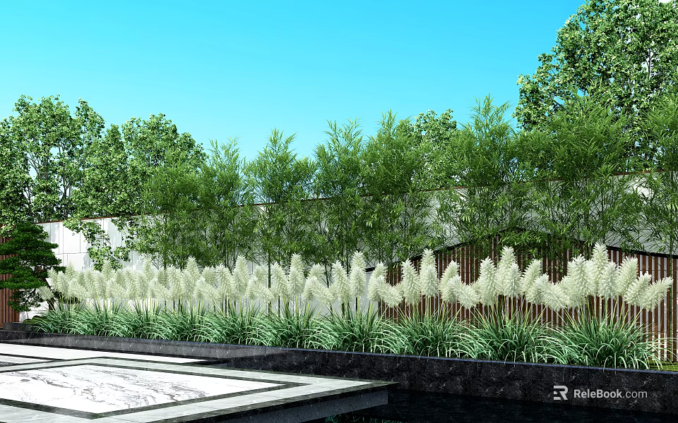 Bamboo Plants In Modern Outdoor Landscape Design With Green Trees And Clear Blue Sky 3d model 