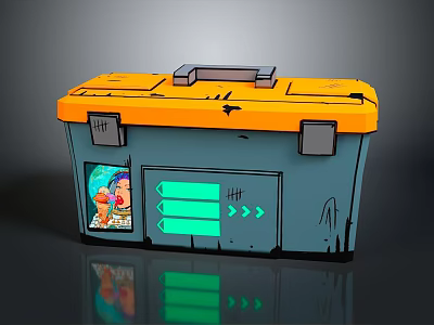 Colorful Storage Box With Orange Lid Blue Body Green Arrow Signs And Small Cartoon 3d model
