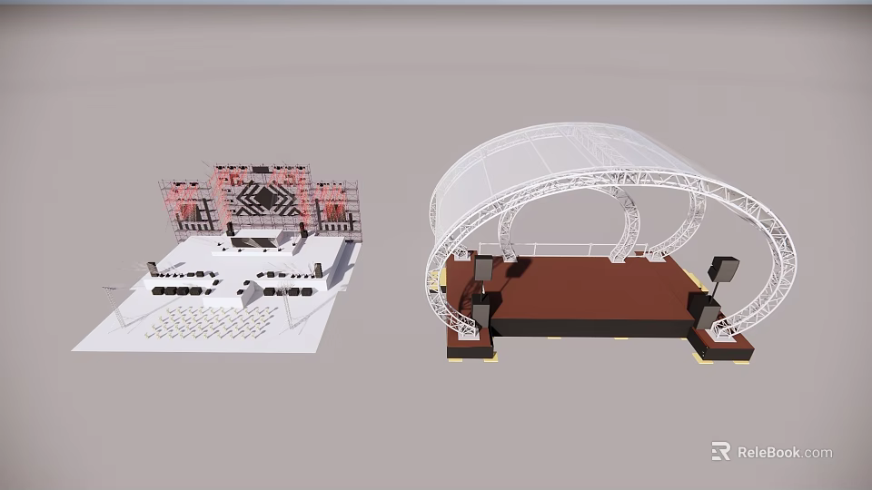 Event Stage Design With Decorative Backdrop Seating Layout Curved White Frame And Brown Platform 3d model