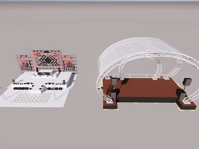 Event Stage Design With Decorative Backdrop Seating Layout Curved White Frame And Brown Platform 3d model