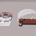 Event Stage Design With Decorative Backdrop Seating Layout Curved White Frame And Brown Platform 3d model