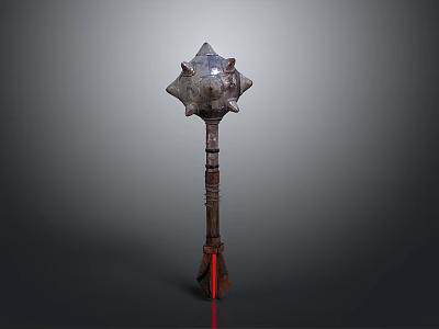 Antique Spiked Mace With Multi Pointed Head And Carved Wooden Handle 3d model