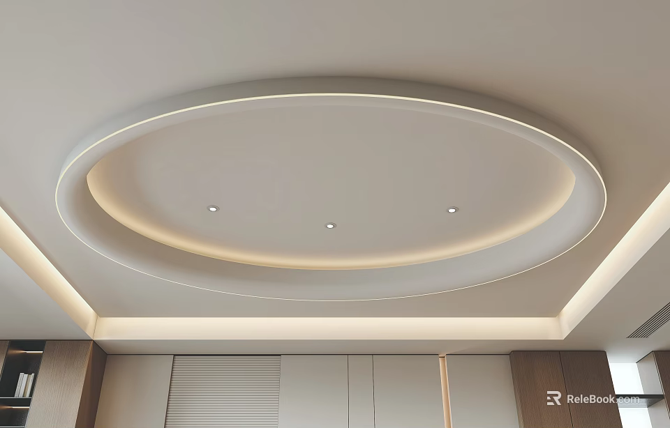 Modern Oval Ceiling With Recessed Lights And LED Strip 3d model 