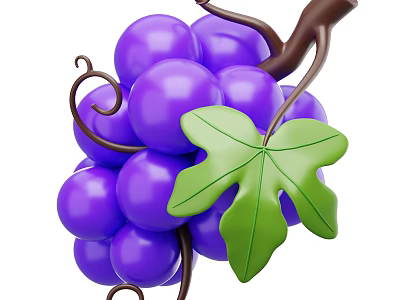 Fresh Plump Purple Grapes with Green Leaf and Brown Vine Details 3d model