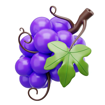 Fresh Plump Purple Grapes with Green Leaf and Brown Vine Details 3d model