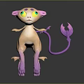 Pink Purple Fantasy Game Movie Character with Big Yellow Green Eyes and Long Feathery Tail