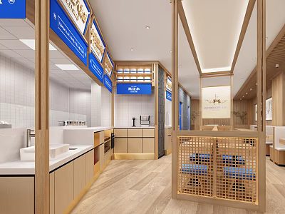 Warm Restaurant Interior With Wooden Elements Blue Signage Open Layout And Seating Area 3d model