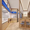 Warm Restaurant Interior With Wooden Elements Blue Signage Open Layout And Seating Area