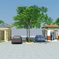 Entrance Gate Featuring Gatehouse Barrier Green Trees Black Car On Paved Ground