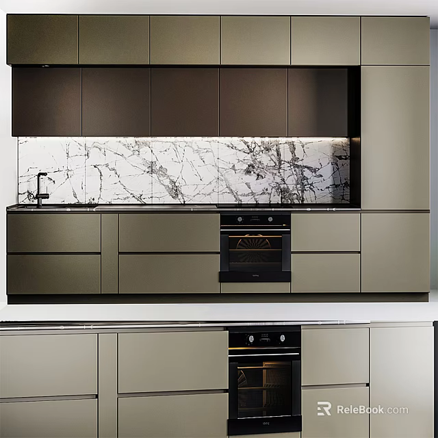 Modern Kitchen Cabinets With Marble Backsplash Sleek Countertop And Integrated Oven 3d model 