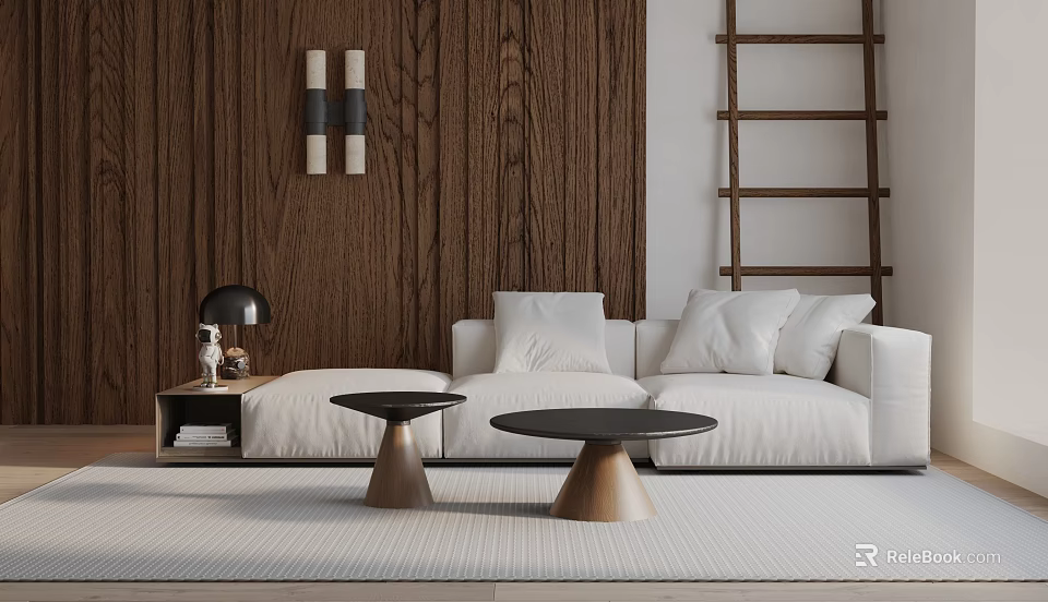 White Three Seater Sofa With Pillows On Wooden Wall Background And Round Coffee Tables On Rug 3d model 