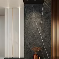 Modern Foyer Hallway With Dark Marble Wall Bronze Slats And Decor