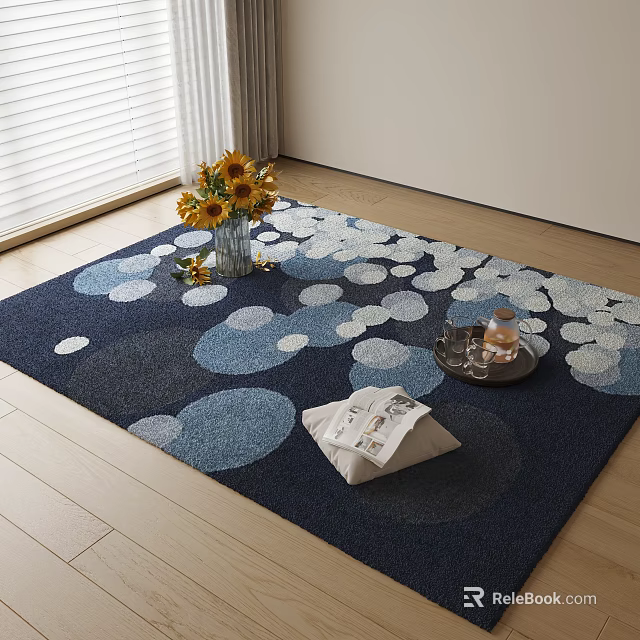 Square Carpet With Blue White Circular Patterns In Living Room Featuring Sunflower Vase Magazine Tray 3d model 