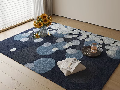 Square Carpet With Blue White Circular Patterns In Living Room Featuring Sunflower Vase Magazine Tray 3d model