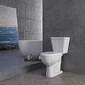 Modern White Toilet in Bathroom with Bathtub Gray Wall and Seascape Painting