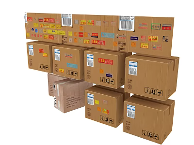 Stacked Cardboard Packaging Boxes With Multiple Colorful Labels And Shipping Marks 3d model