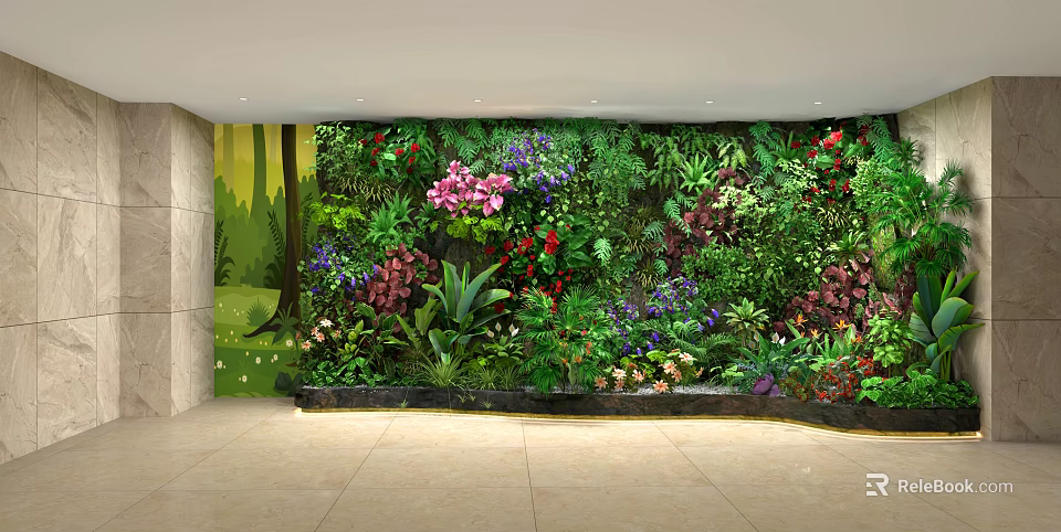 Rockery Stones Decorative Indoor Green Wall With Colorful Flowers And Various Plants 3d model 