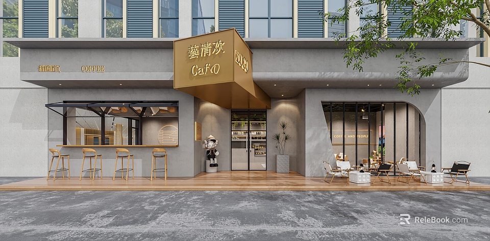 Elegant CAFFO Cafe Exterior With Glass Doors Wooden Accents Green Plants And Outdoor Seating 3d model 