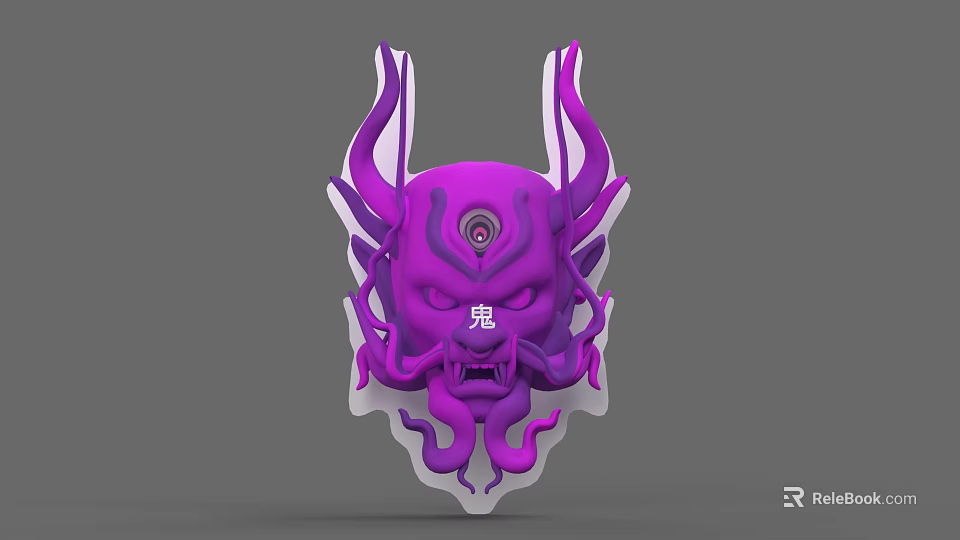 Intricate Purple Demon Mask Sculpture Featuring Horns And Tentacle Like Decorations 3d model 