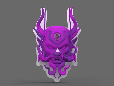 Intricate Purple Demon Mask Sculpture Featuring Horns And Tentacle Like Decorations 3d model