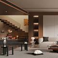 Modern Living Room Interior Design With Sofa Wooden Coffee Table Decorations Green Plant And Wall Art