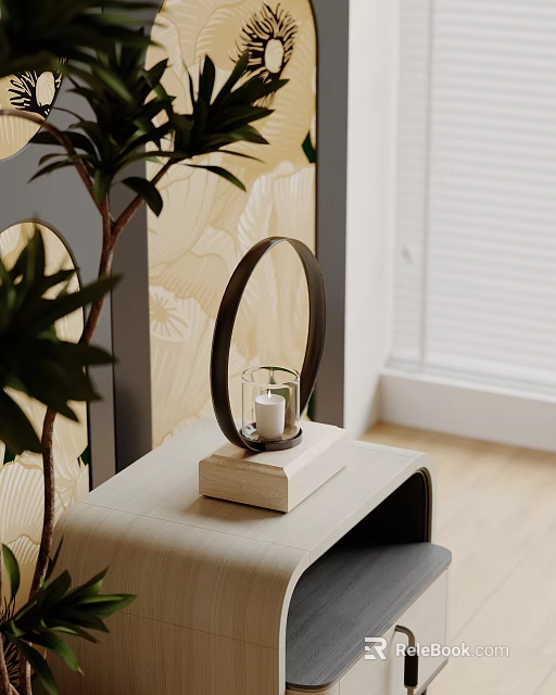 Modern Table Lamp With Black Circular Frame Transparent Glass Shade Near Green Plant On Table 3d model 