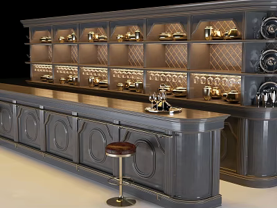 Elegant Gray Bar With Illuminated Display Shelves Wine Glasses Stool And Cabinets 3d model