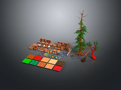 Decorative Lights With Wooden Components Colorful Blocks And Green Pine Tree Elements 3d model