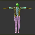 Bald Man in Black Leather Jacket Plaid Shirt Blue Jeans Barefoot Arms Outstretched Dark Background