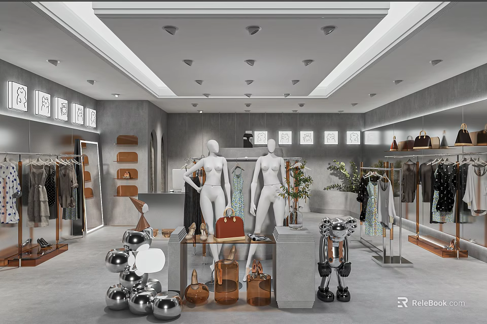 Stylish Fashion Clothing Store Interior With Mannequins Clothing Racks Displayed Bags And Decorative Elements 3d model 