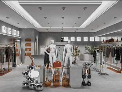 Stylish Fashion Clothing Store Interior With Mannequins Clothing Racks Displayed Bags And Decorative Elements 3d model