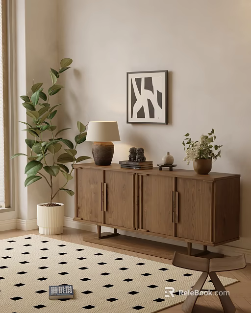 Modern Wooden Dresser with Green Plant Table Lamp Abstract Painting and Decorations 3d model 