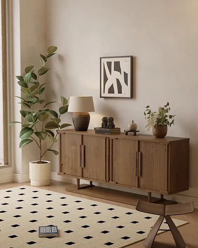 Modern Wooden Dresser with Green Plant Table Lamp Abstract Painting and Decorations 3d model