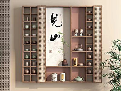 Wooden Chinese Style Storage Cabinet Shelf with Tea Sets Calligraphy and Green Plants 3d model