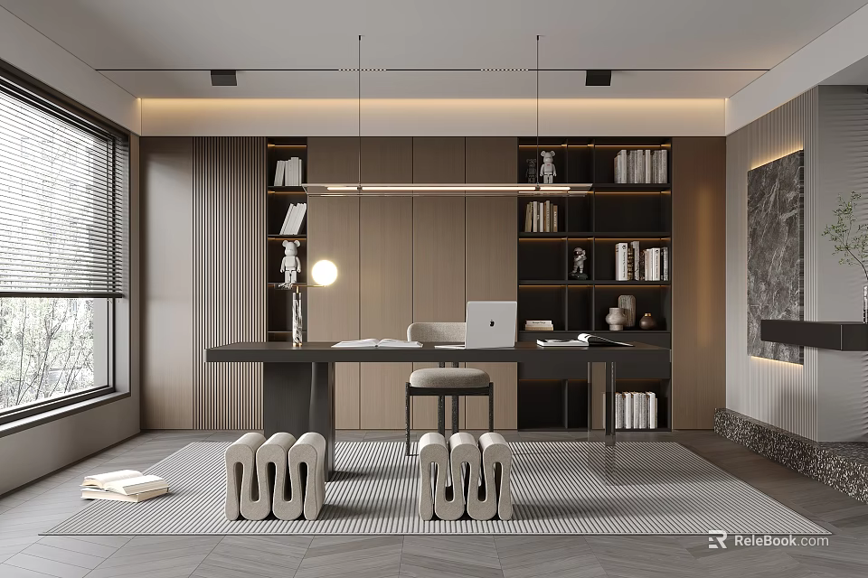 Modern Study Room Interior With Wooden Bookshelves Writing Desk And Pendant Lights 3d model 