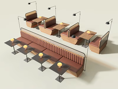 Public Bench Seating With Wooden Frames Brown Leather And Floor Lamps In Indoor Space 3d model