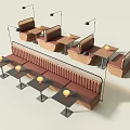 Public Bench Seating With Wooden Frames Brown Leather And Floor Lamps In Indoor Space