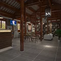 Chinese Style Reception Area With Wooden Bar Counter Lattice Windows And Dining Seating