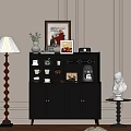 Stylish Black Sideboard with Cabinet Doors Table Lamp Coffee Machine Mugs Decorative Items and Vase