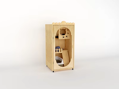 Decorative Ornament Set in Light Wood Glass Door Cabinet with Miniature House and Boat Figurines 3d model