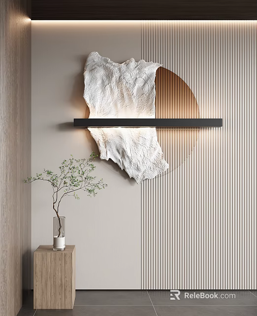 Modern Wall Decor With White Textured Stone Circular Design Wooden Striped Wall And LED Lighting 3d model 