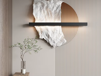 Modern Wall Decor With White Textured Stone Circular Design Wooden Striped Wall And LED Lighting 3d model