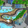 Modern Garden Landscape Design With Green Roofs Curved Water Pools Palm Trees And Fountain