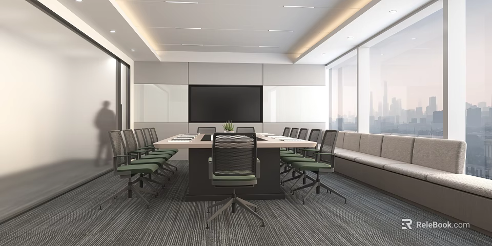 Modern Conference Room With Large Table Ergonomic Chairs Flat Screen And City View Windows 3d model 