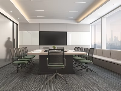 Modern Conference Room With Large Table Ergonomic Chairs Flat Screen And City View Windows 3d model