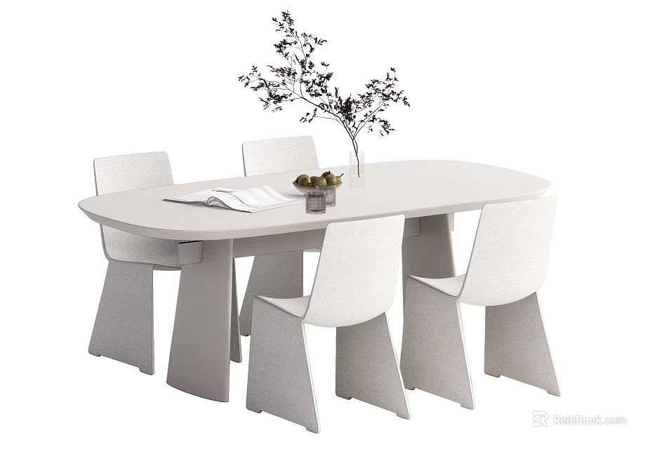 White Oval Dining Table Set With Four Chairs Vase Plants Open Book And Decor 3d model 