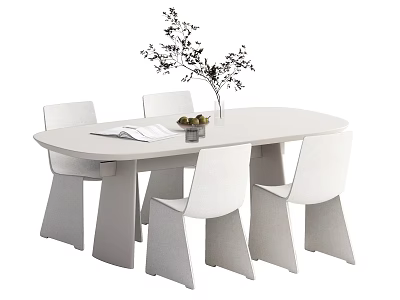 White Oval Dining Table Set With Four Chairs Vase Plants Open Book And Decor 3d model